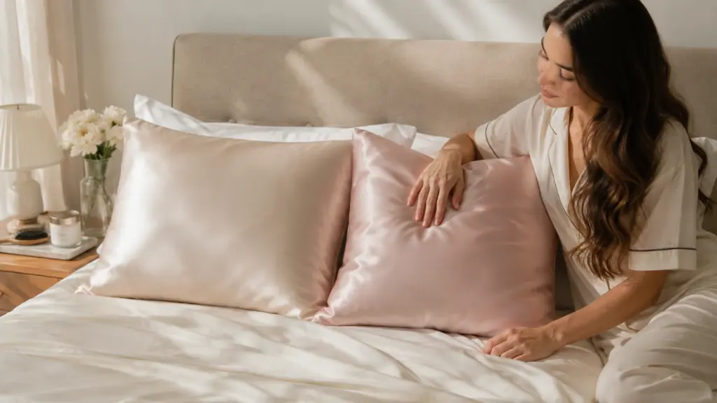 side by side silk and satin pillowcases on a bed showing fabric texture and shine differences