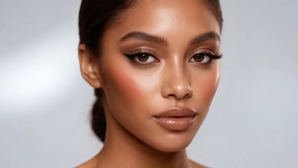soft glam makeup looks natural glowing skin neutral tones blended eyeshadow dewy base nude lips beauty portrait soft lighting makeup tutorial style face close up soft natural finish