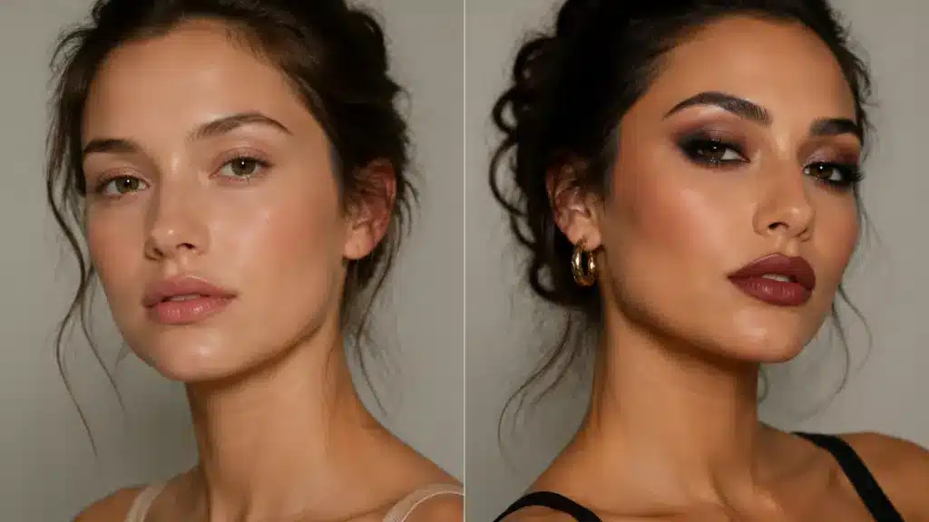 soft mob wife makeup with warm skin shaped brows neutral lips and polished indoor glam