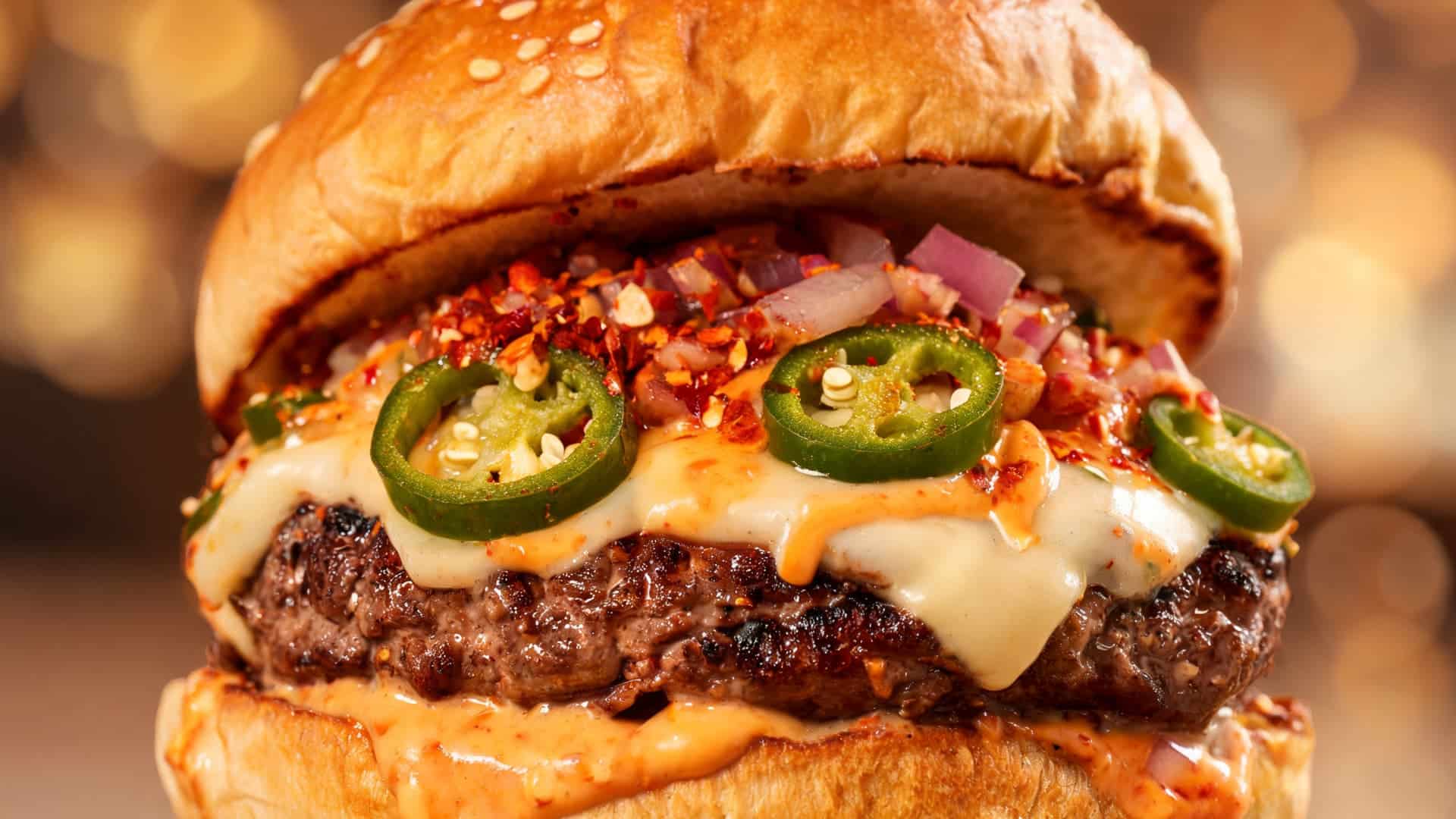 spicy jalapeno burger with beef patty melted cheese creamy sauce jalapeno slices chili flakes toasted bun close up food photo steam and rich texture