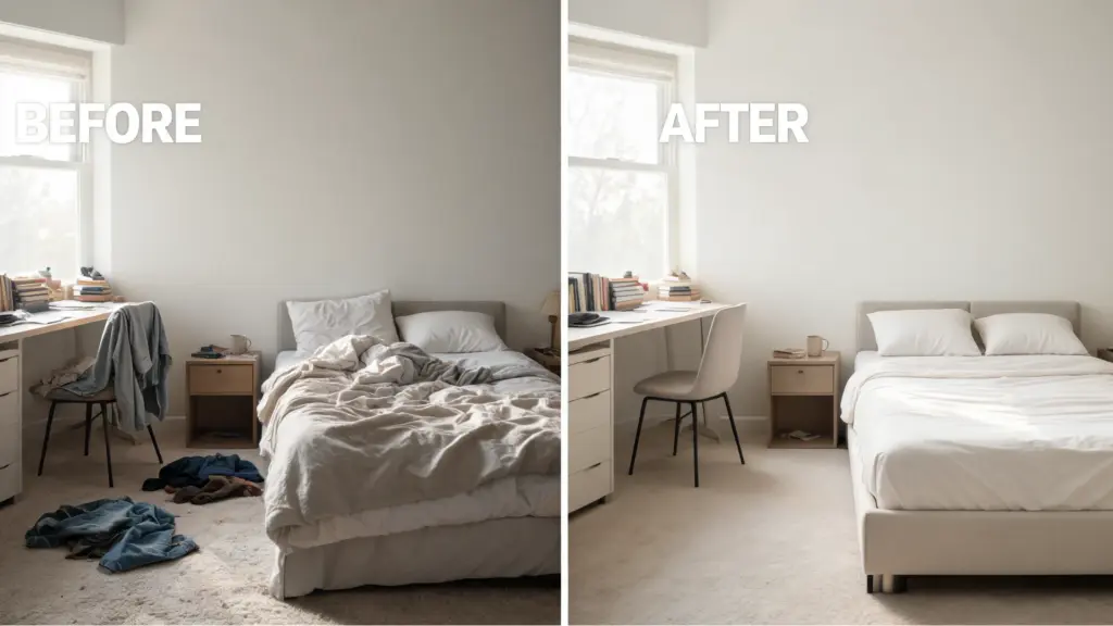 Split-screen bedroom showing cluttered “before” on left and clean organized “after” on right, same room and lighting