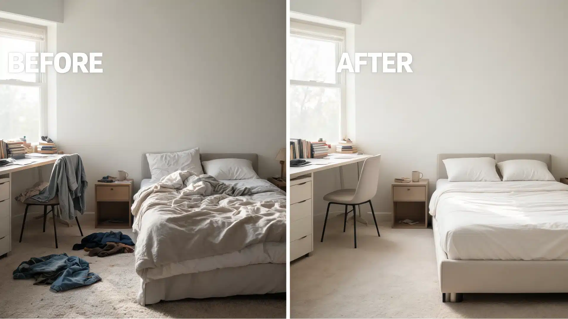 Split-screen bedroom showing cluttered “before” on left and clean organized “after” on right, same room and lighting
