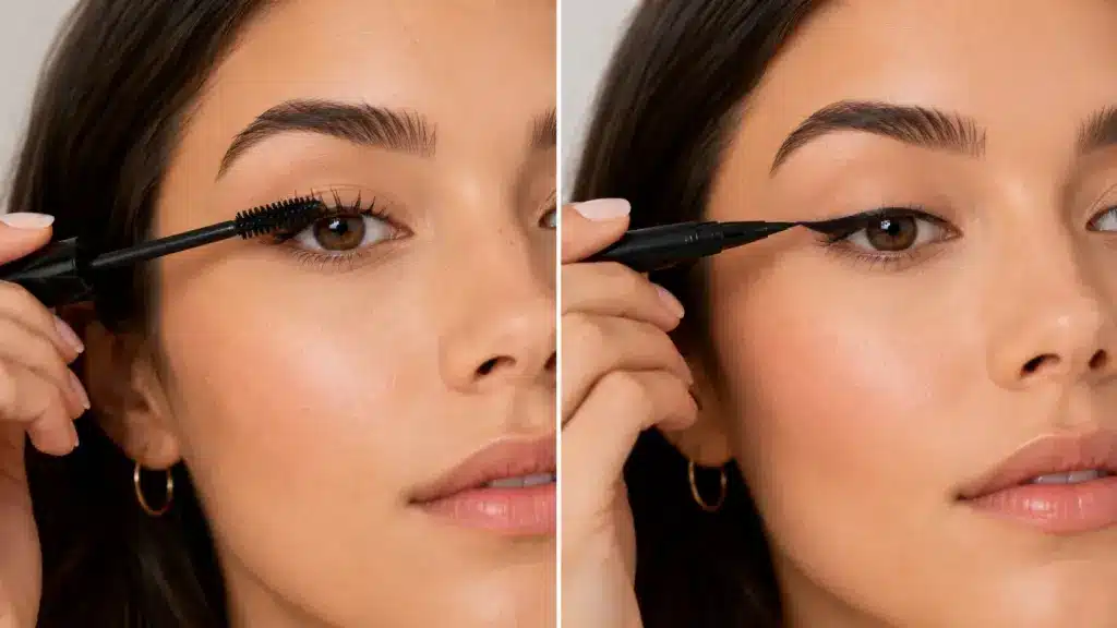 split-screen mascara and eyeliner application showing lash lift and eye definition