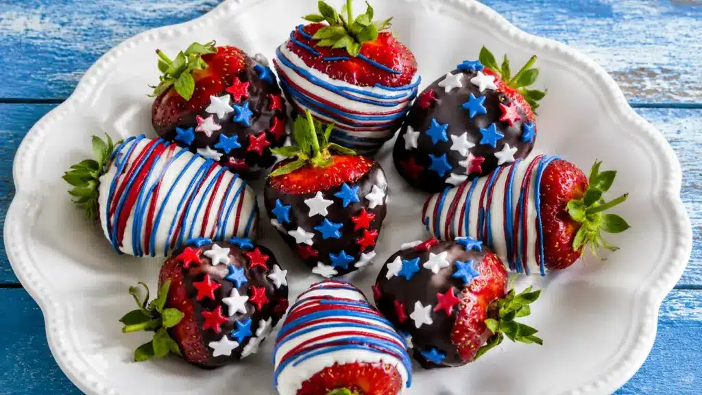 Strawberries decorated with red, white, and blue chocolate coating and star sprinkles arranged on a white plate with a patriotic summer theme