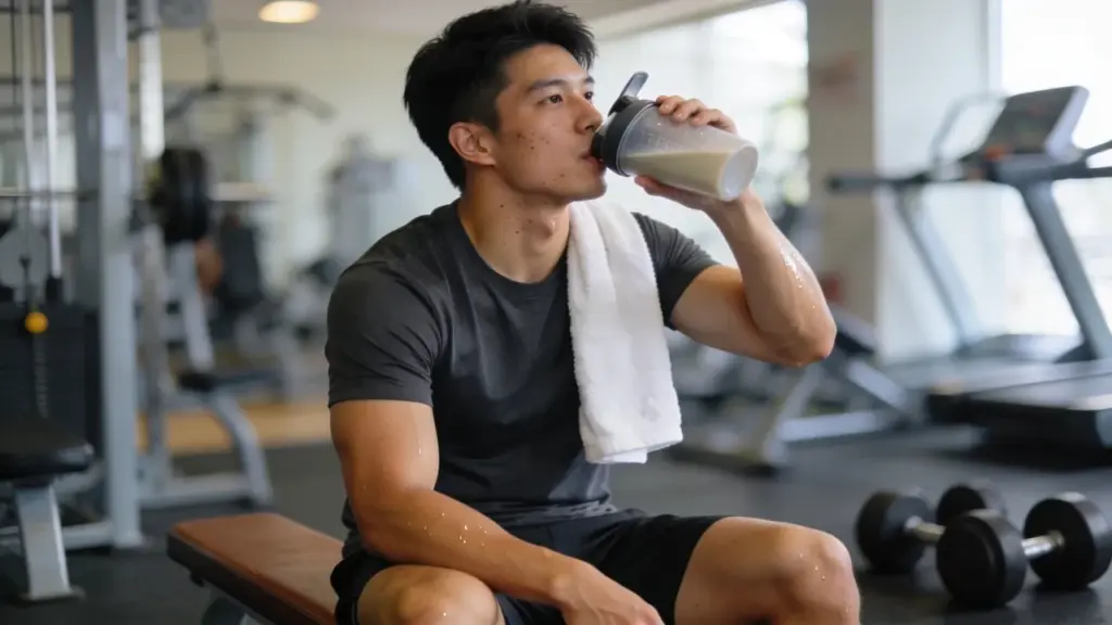 sweaty man sitting on a gym bench drinking from a shaker after workout with mild acne and creatine nearby