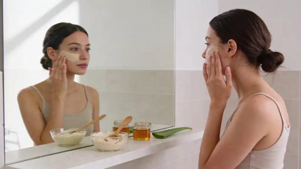 woman applying homemade face scrub in mirror with oats honey yogurt rice flour and aloevera on bathroom