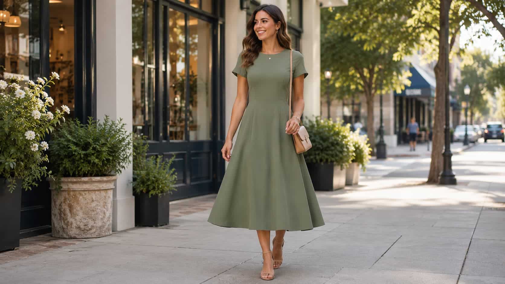 Woman in an olive-green A-line midi dress walking on a sunny city sidewalk near a café, wearing heeled sandals and a crossbody bag. (1)