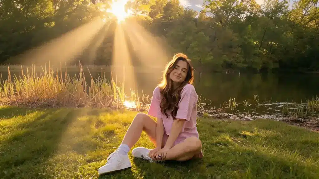 Woman sitting cross-legged on grass by a lake with warm sunlight streaming through trees