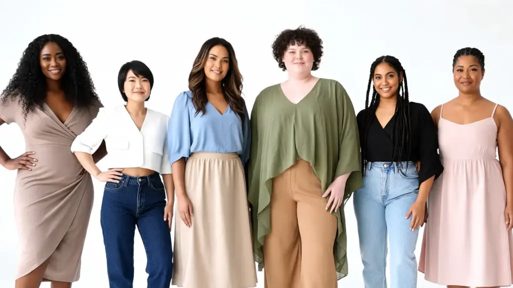 women with different body types wearing flattering outfits for a body shape styling guide