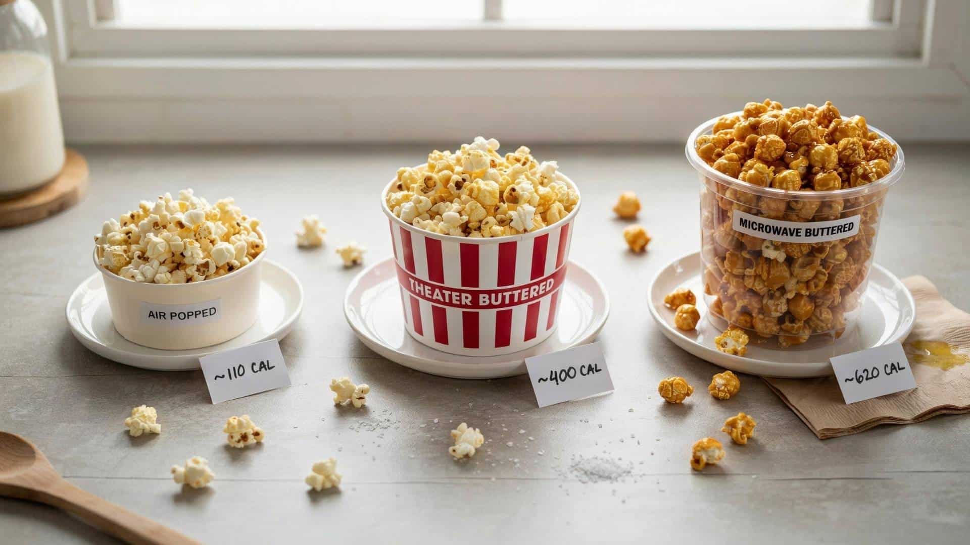 Air-popped, theater buttered, and microwave buttered popcorn bowls displayed side by side with calorie labels showing popcorn calorie comparisons by type.