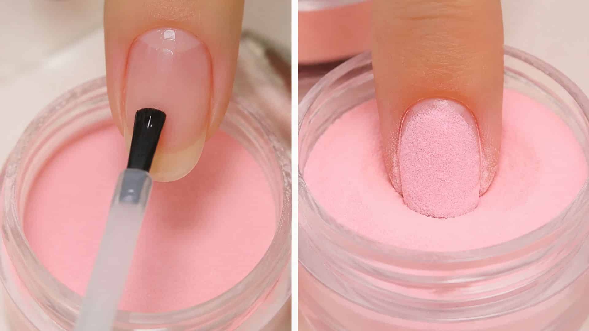 Close up view of dip powder nail application showing brush coating and nail being dipped into pink powder for manicure process