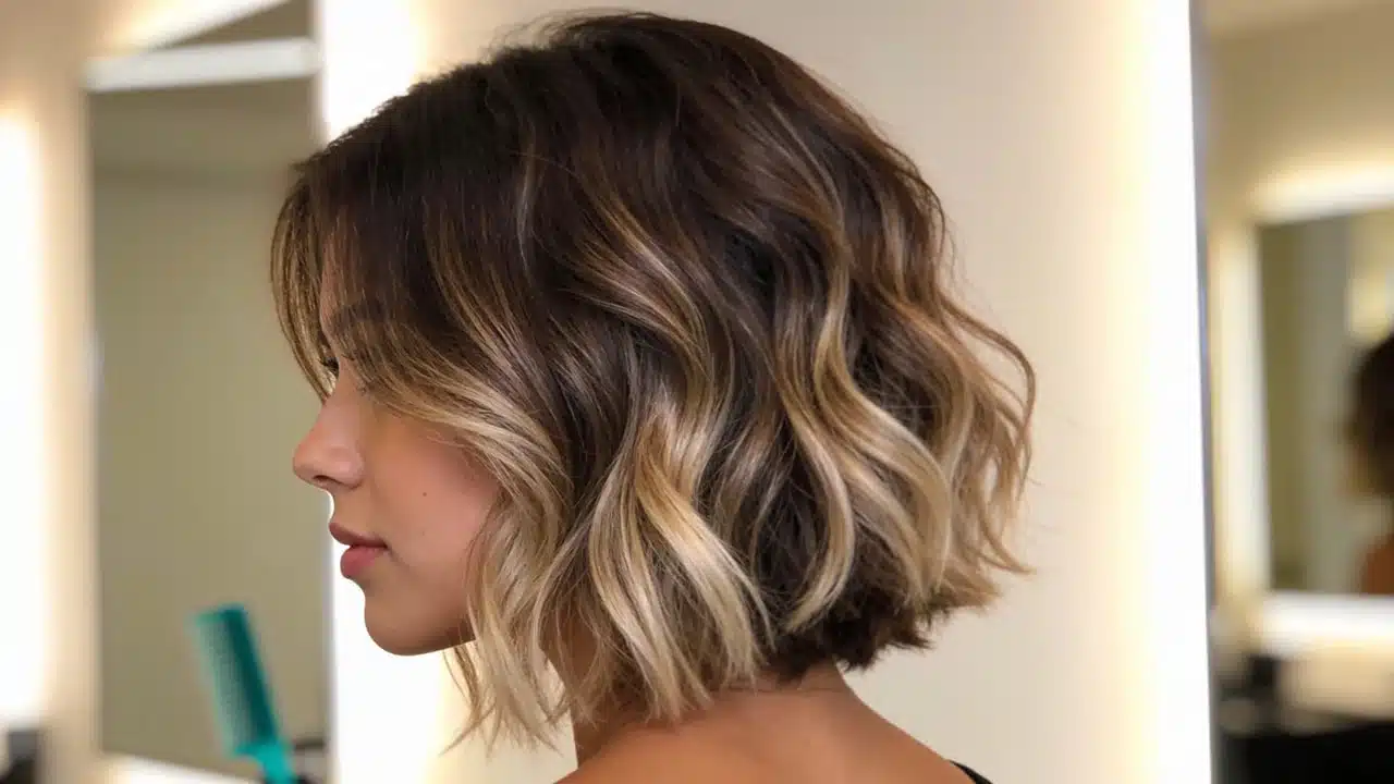 back three-quarter view of a short wavy bob with chestnut brown and beige blonde balayage in a warm salon