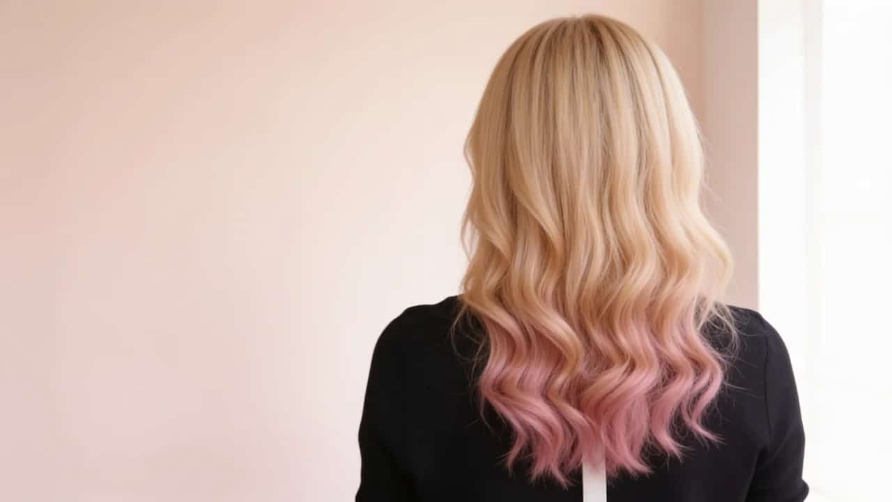 back three-quarter view of blonde wavy hair with soft pink dip dye on the ends against a clean light background