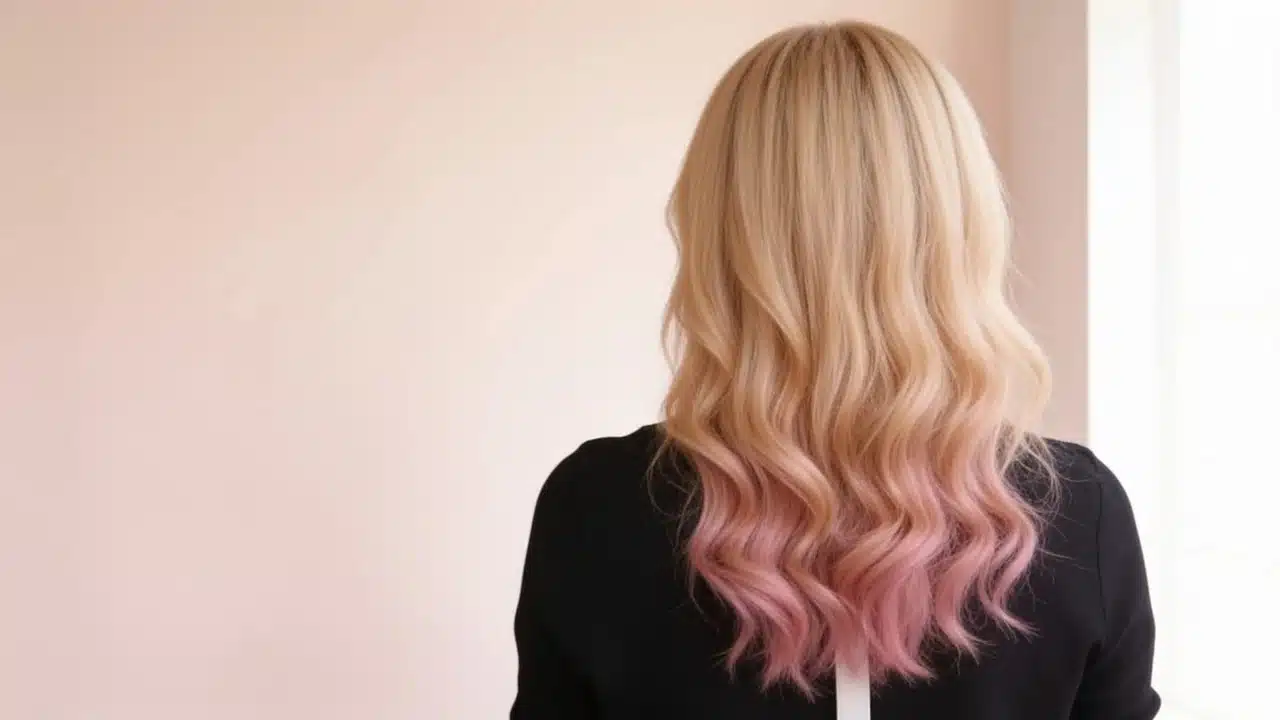 back three-quarter view of blonde wavy hair with soft pink dip dye on the ends against a clean light background
