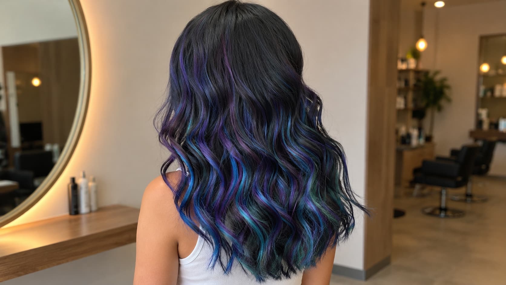 back three-quarter view of long wavy hair with black babylights, shown in a warm salon with a side mirror
