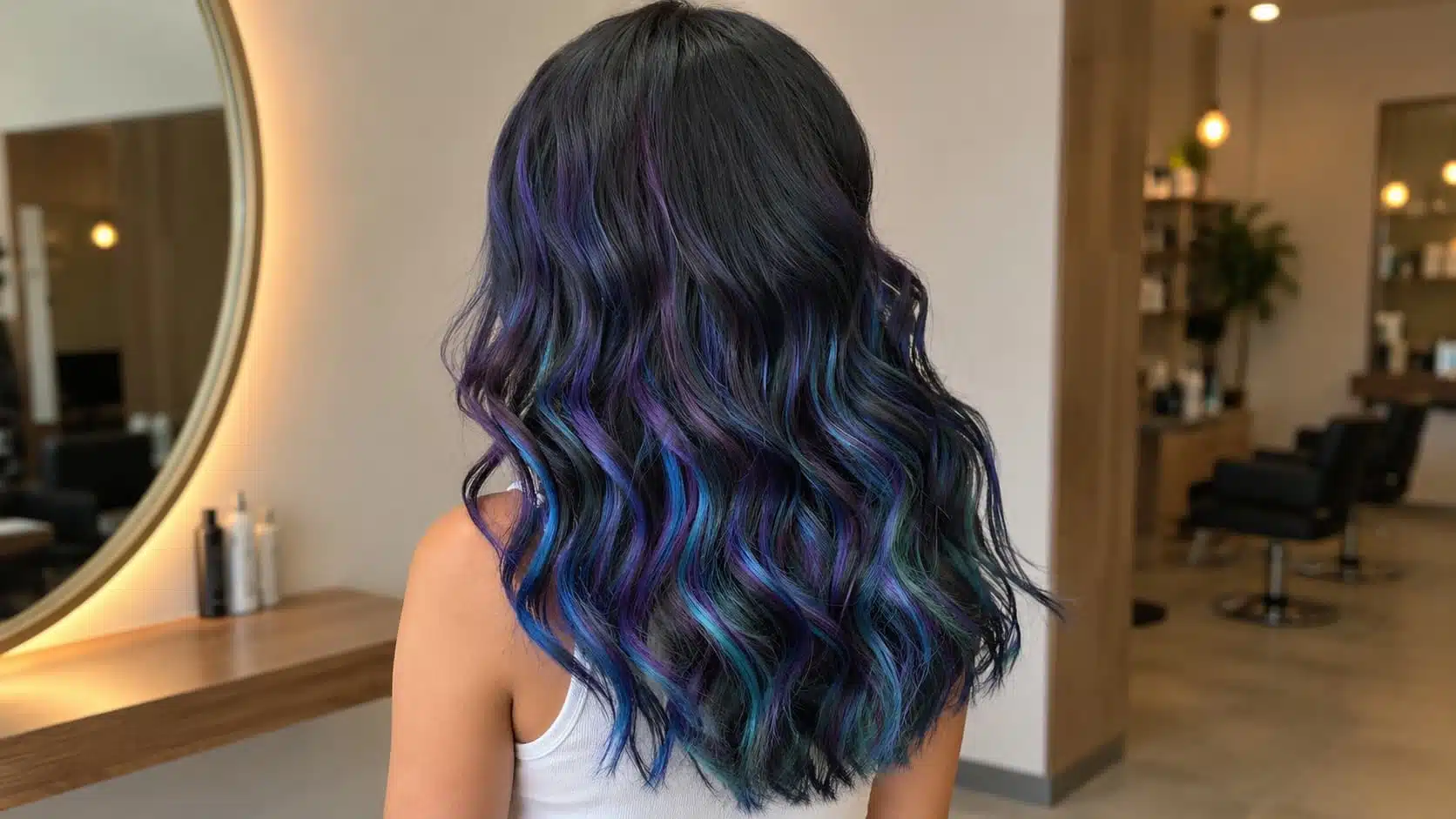 back three-quarter view of long wavy hair with black babylights, shown in a warm salon with a side mirror