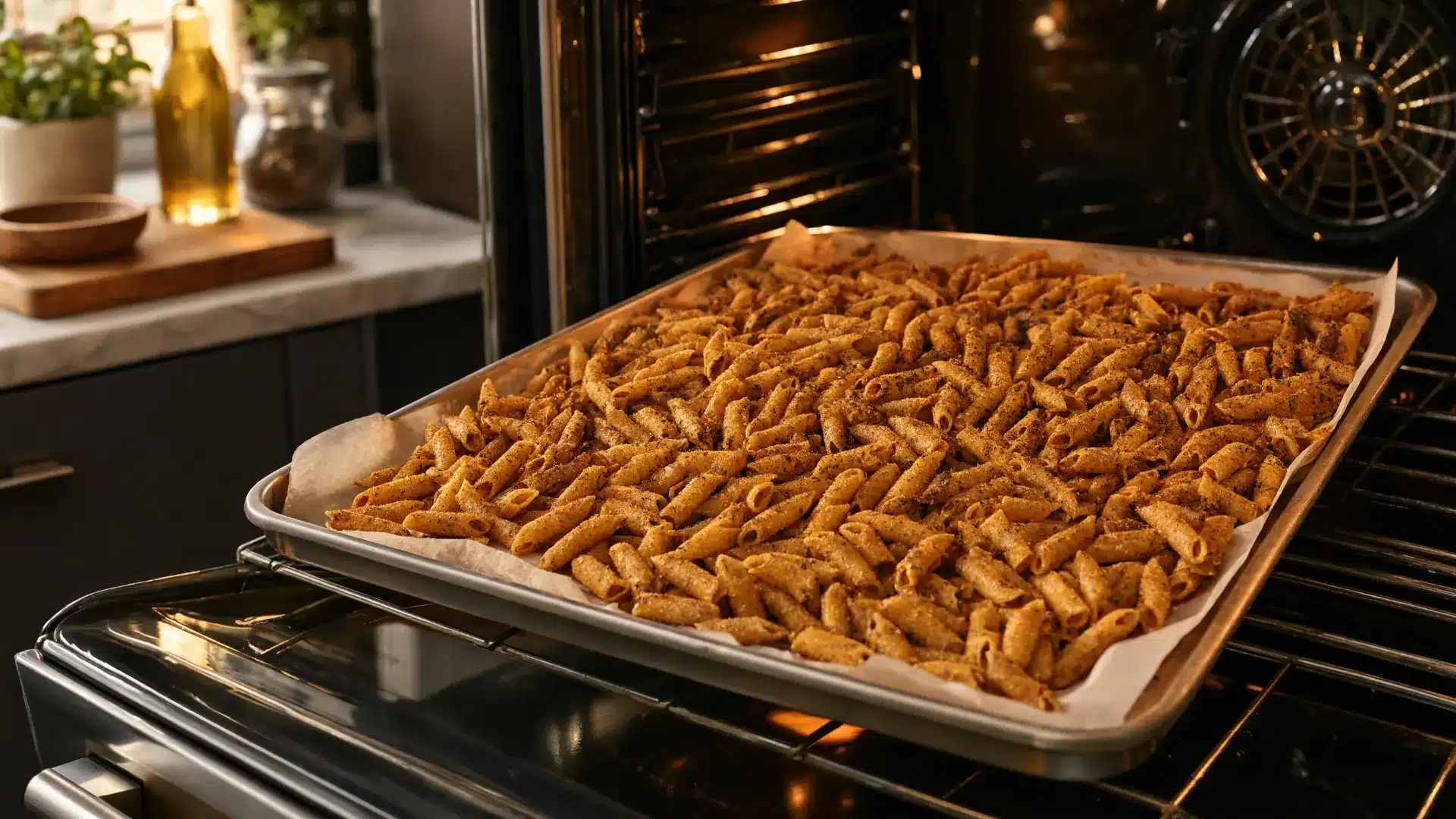 bake at 190 to 200c until crisp flipping halfway for even golden baked pasta chips