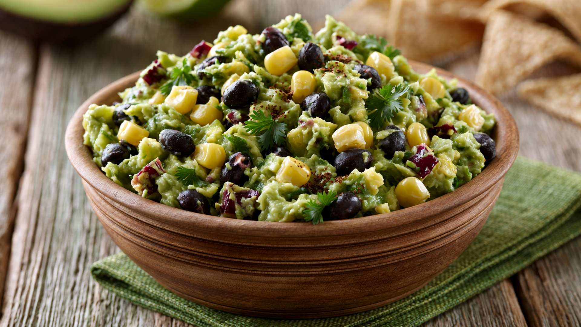 Black bean and corn guacamole in a rustic wooden bowl