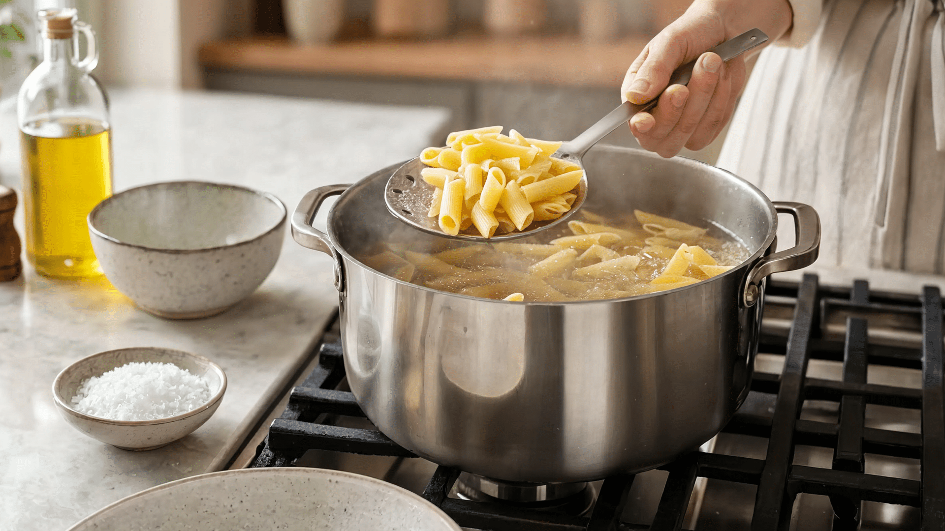 boil pasta in salted water until al dente, drain well and keep starch for crisp texture (1)