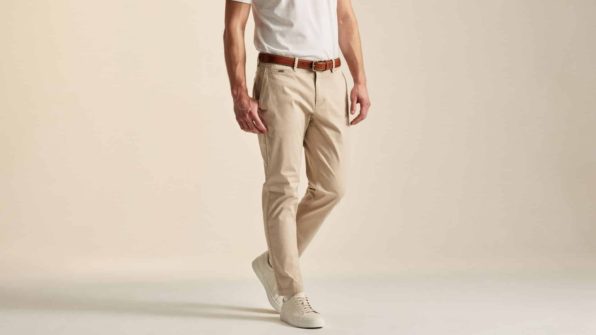 Man wearing beige chinos with a smart-casual outfit, showing the versatile style and comfortable fit of cotton trousers.