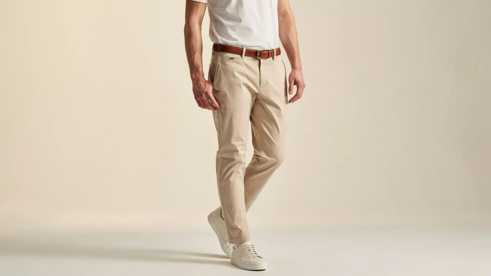 Man wearing beige chinos with a smart-casual outfit, showing the versatile style and comfortable fit of cotton trousers.