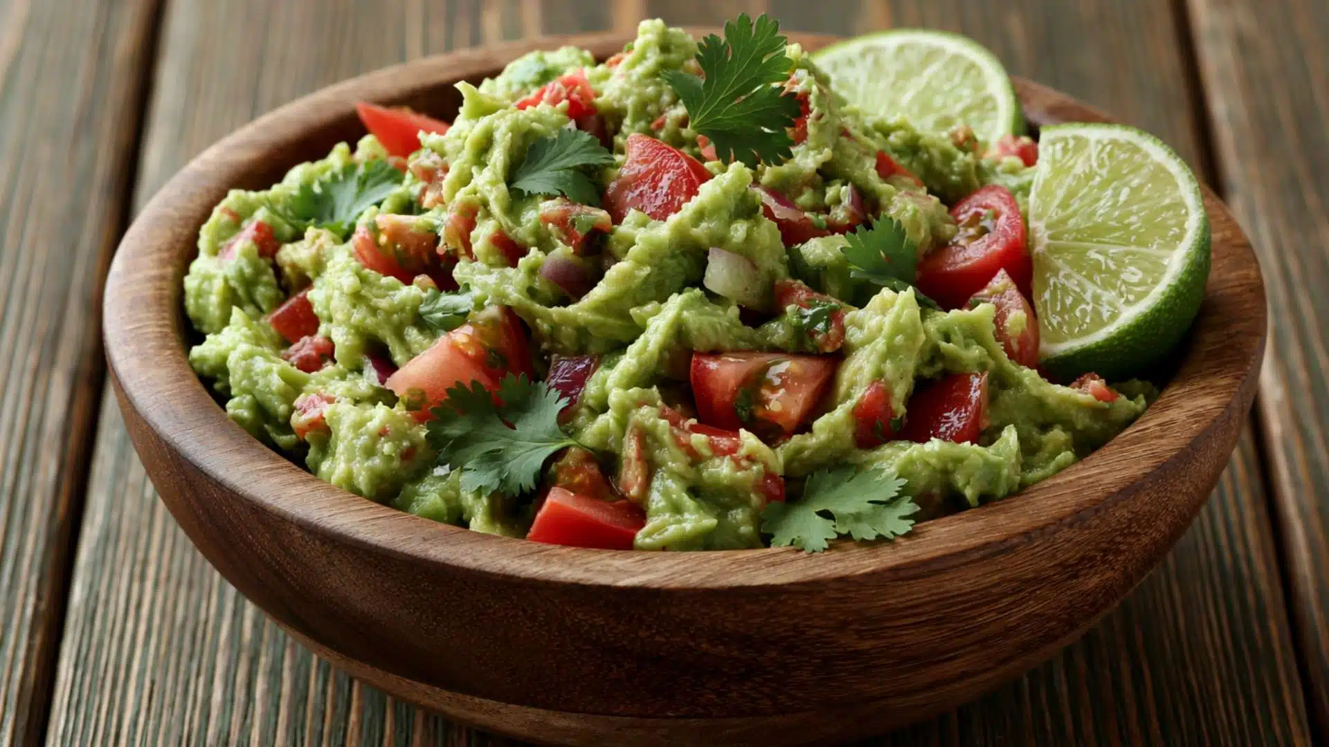 Classic guacamole with tomato, cilantro, and lime in a wooden bowl
