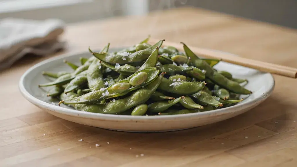 Close up bowl of steamed edamame pods with sea salt showing fresh green beans and natural kitchen textures