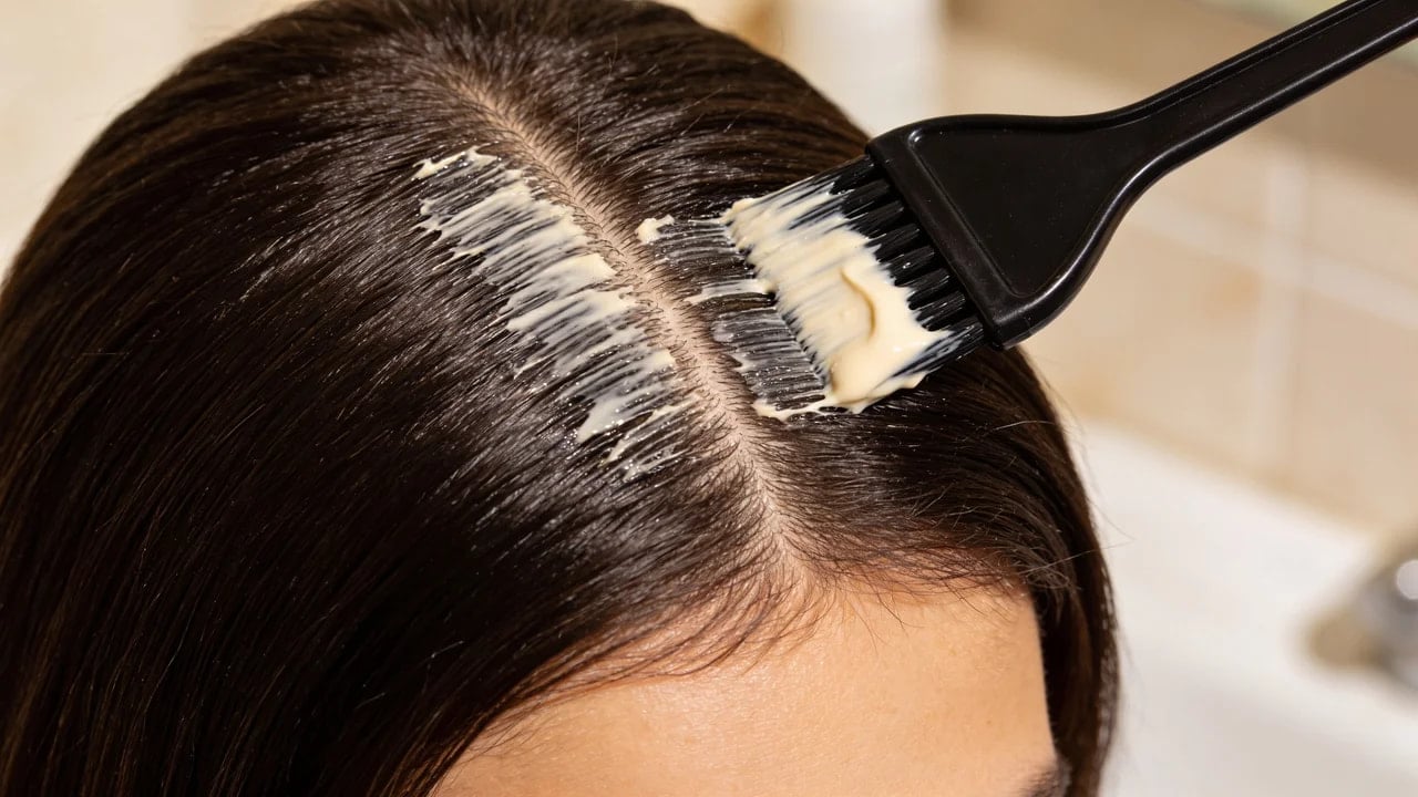 close-up of root touch-up color being applied with a tint brush to dark sectioned hair