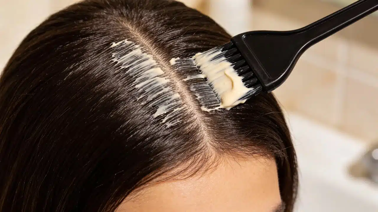 close-up of root touch-up color being applied with a tint brush to dark sectioned hair