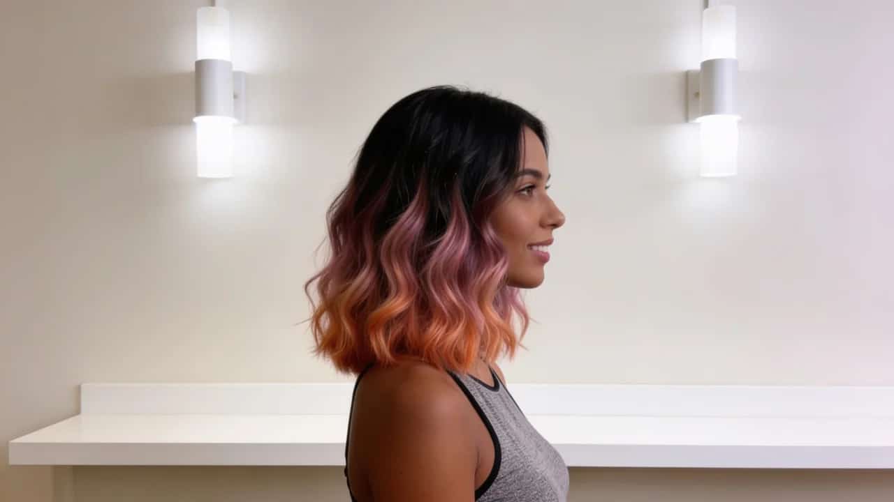 color melt hair on a wavy bob with brunette roots blending into dusty rose and peach ends in a warm salon