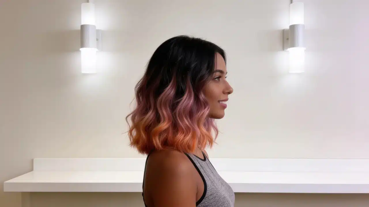 color melt hair on a wavy bob with brunette roots blending into dusty rose and peach ends in a warm salon