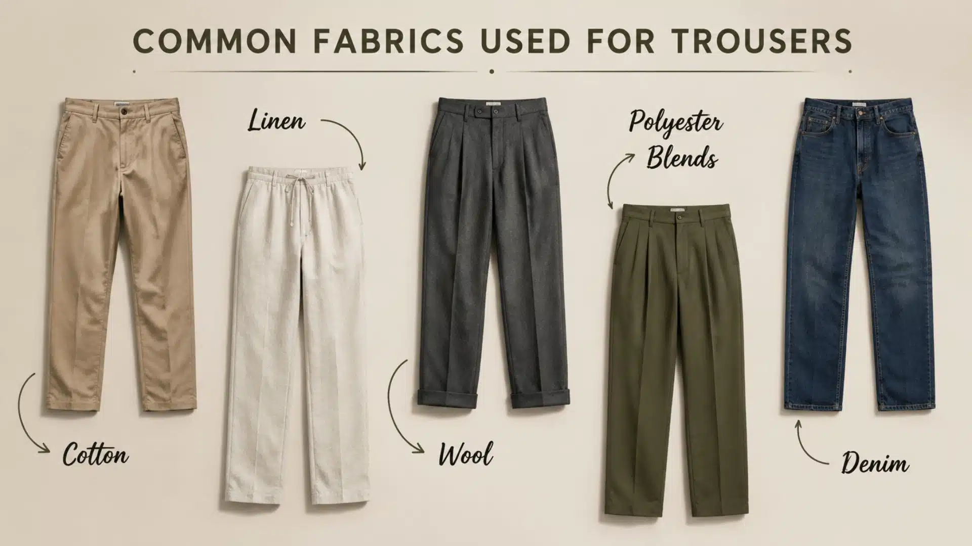 Common trouser fabrics including cotton, linen, wool, polyester blends, and denim displayed in a clean comparison layout.