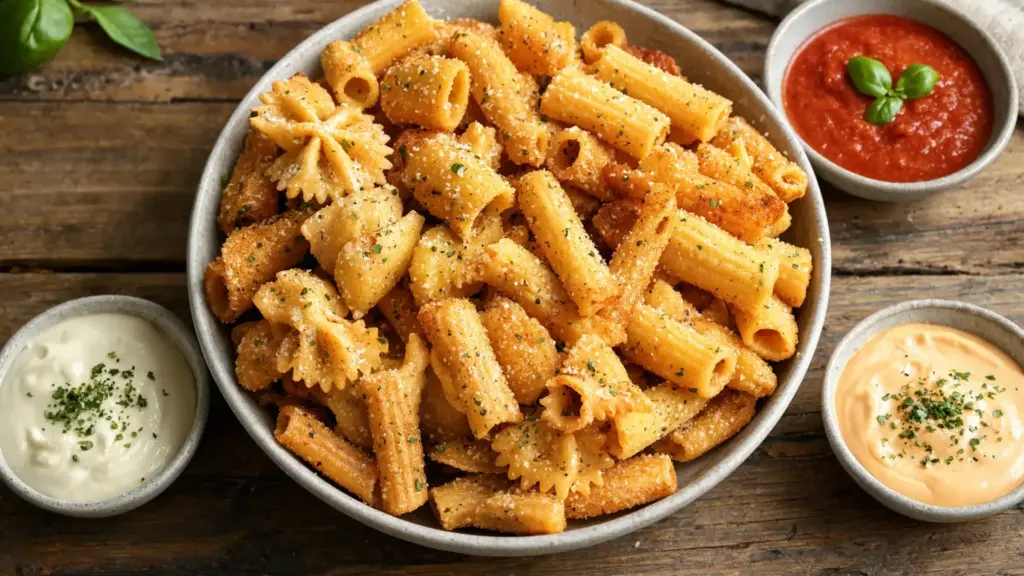 crispy golden pasta chips served with creamy dips and marinara perfect crunchy snack food blog favorite