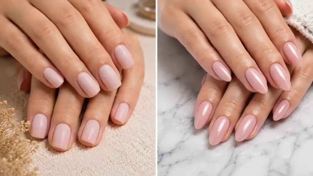 Side by side comparison of pale pink dip powder nails and glossy almond shaped gel nails on feminine hands