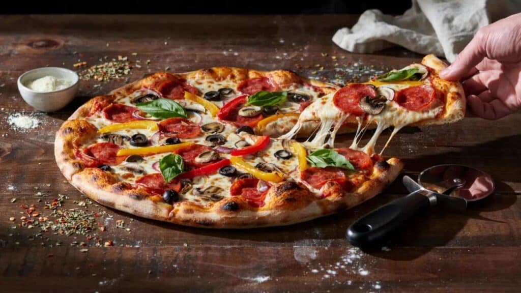 A freshly baked pizza with colourful toppings sits on a rustic wooden table as a hand lifts a slice, revealing melted mozzarella cheese.