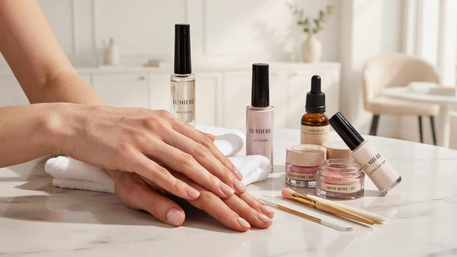 Close-up of a freshly applied SNS dip powder manicure with glossy almond-shaped nude-pink nails.