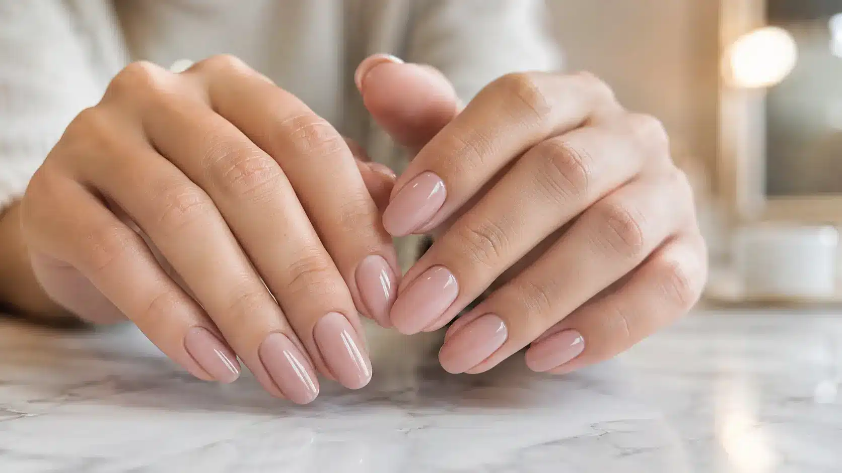 Close up of feminine hands showing glossy nude pink gel nails with neat almond shapes on a light marble surface