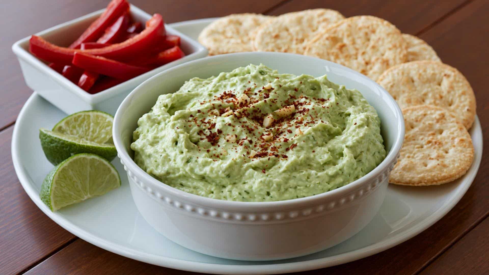 Greek yogurt guacamole with bell peppers and crackers