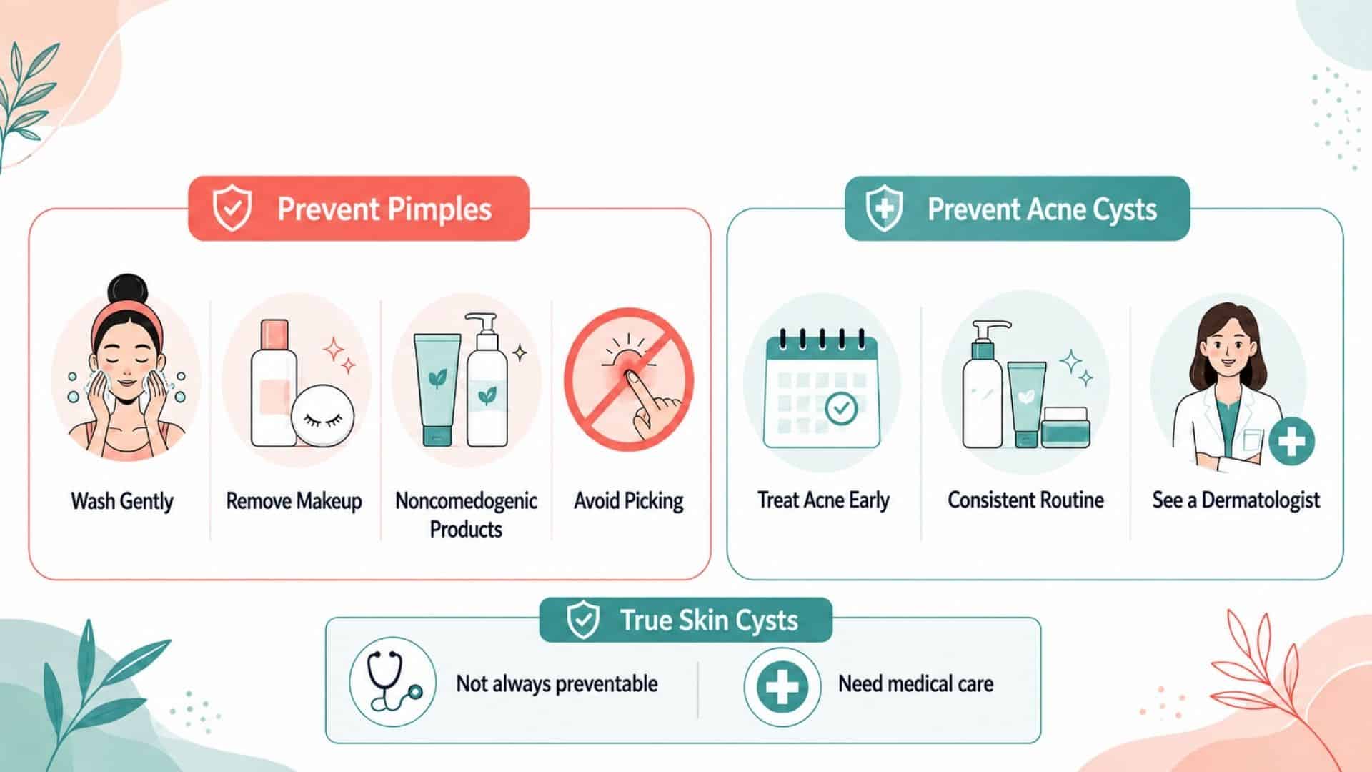 Infographic showing gentle cleansing, makeup removal, acne care, avoiding picking, and when to see a dermatologist