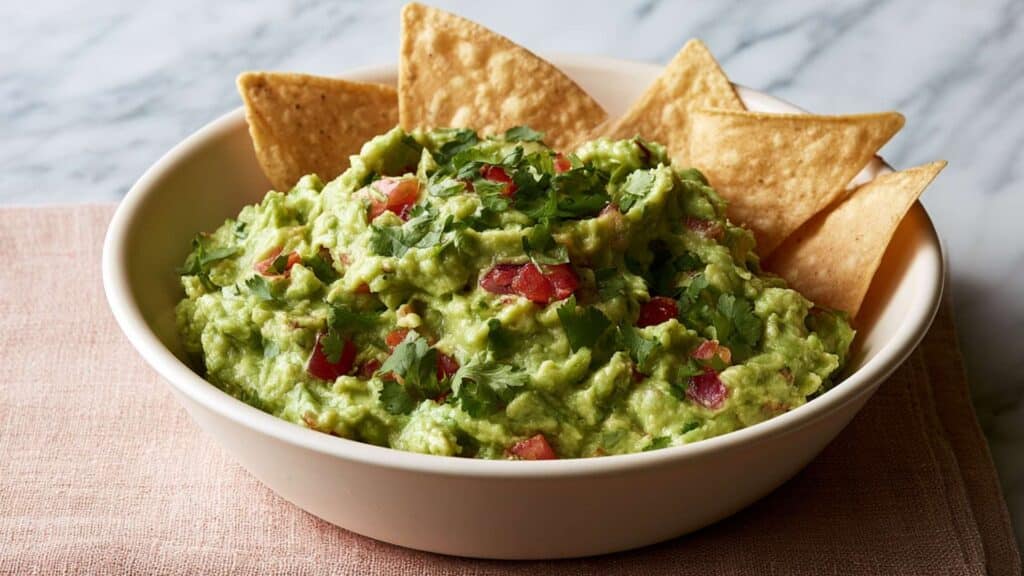 Bowl of classic guacamole with tortilla chips, tomato, and cilantro