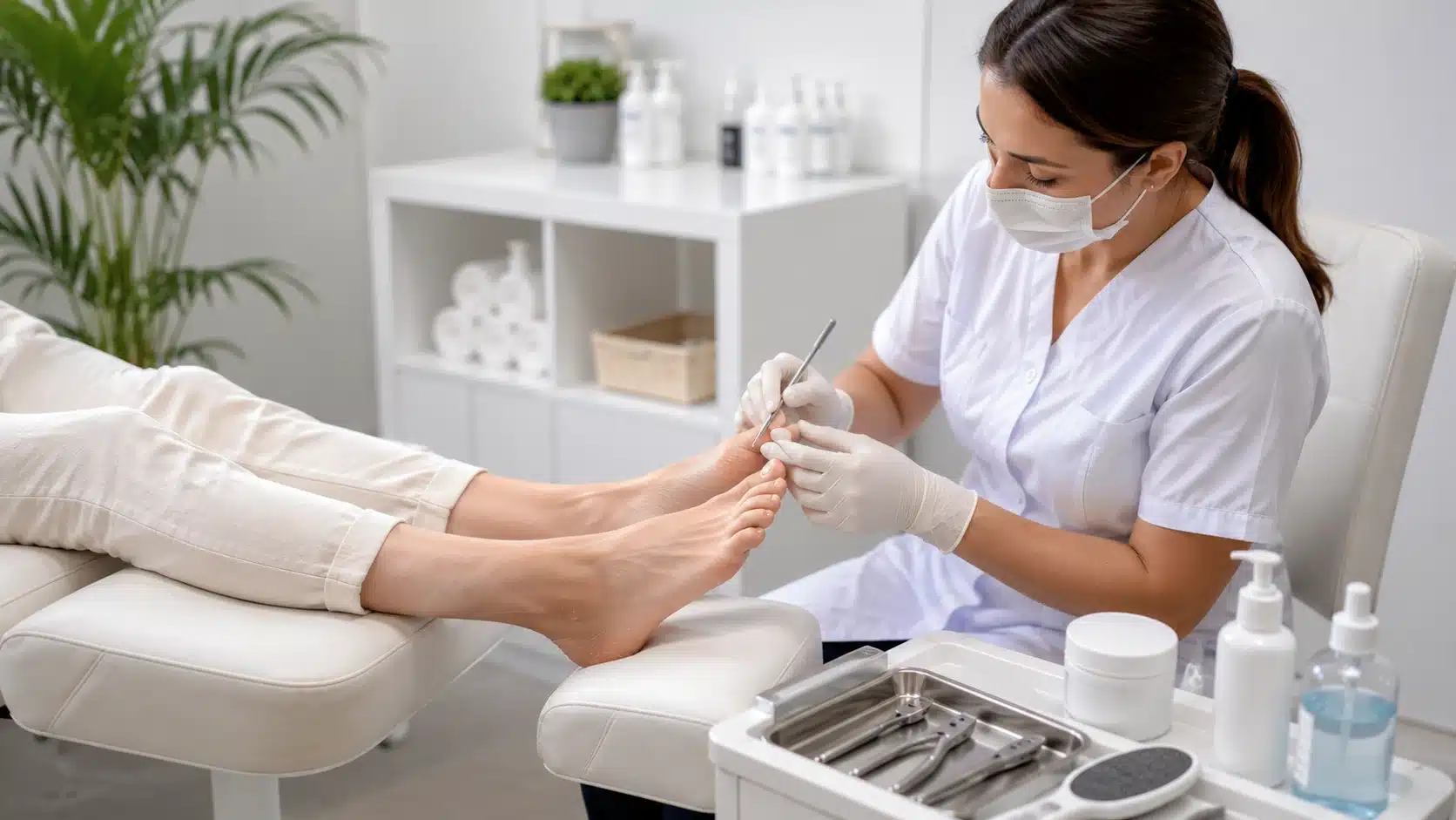 medical pedicure with a foot care professional using sterile tools and gloves in a bright, clean treatment room