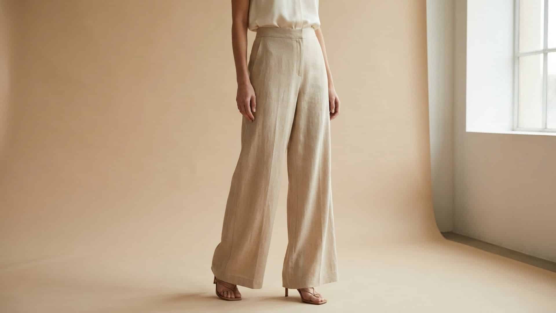Women wearing beige palazzo trousers with a wide flowing silhouette, lightweight fabric texture, and elegant drape in a minimal studio setting