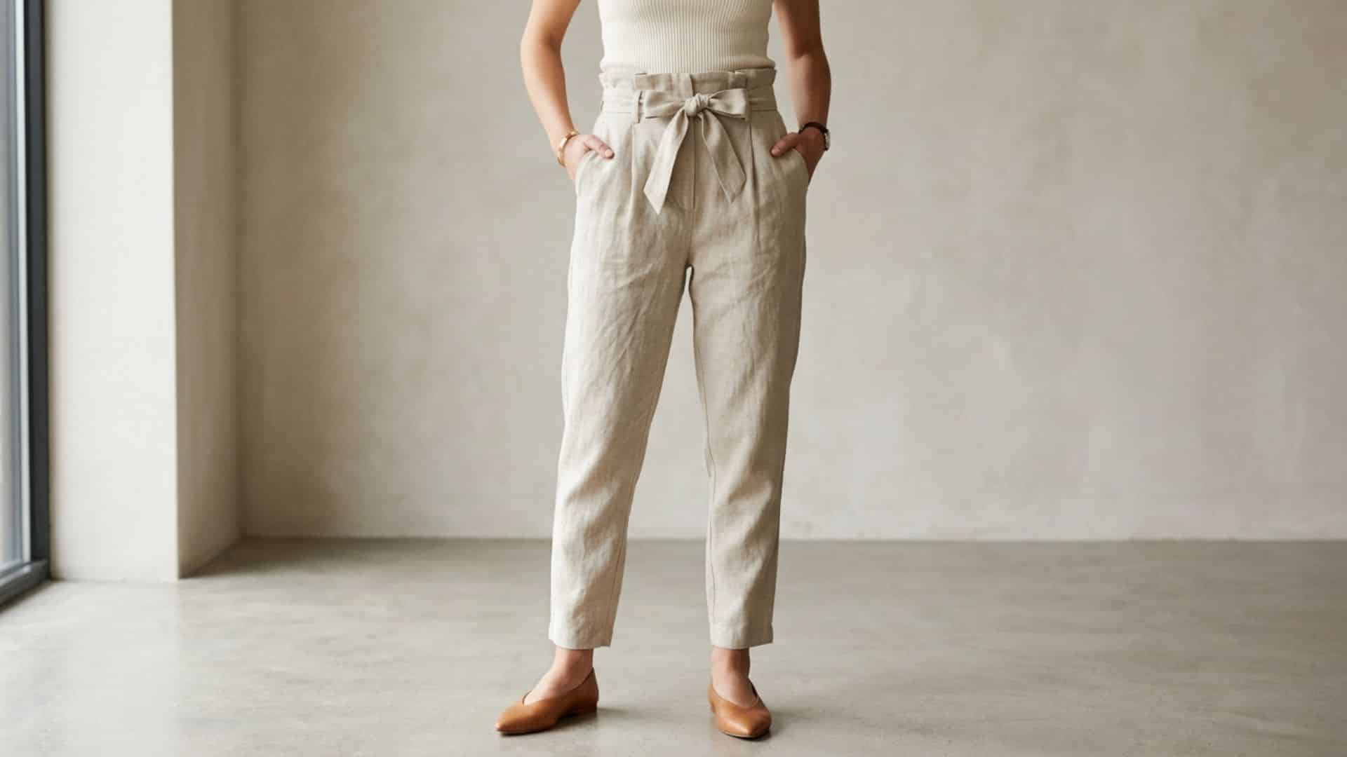Woman wearing high waist paperbag trousers with gathered waistband, relaxed fit, and soft fabric texture styled in a clean fashion setting