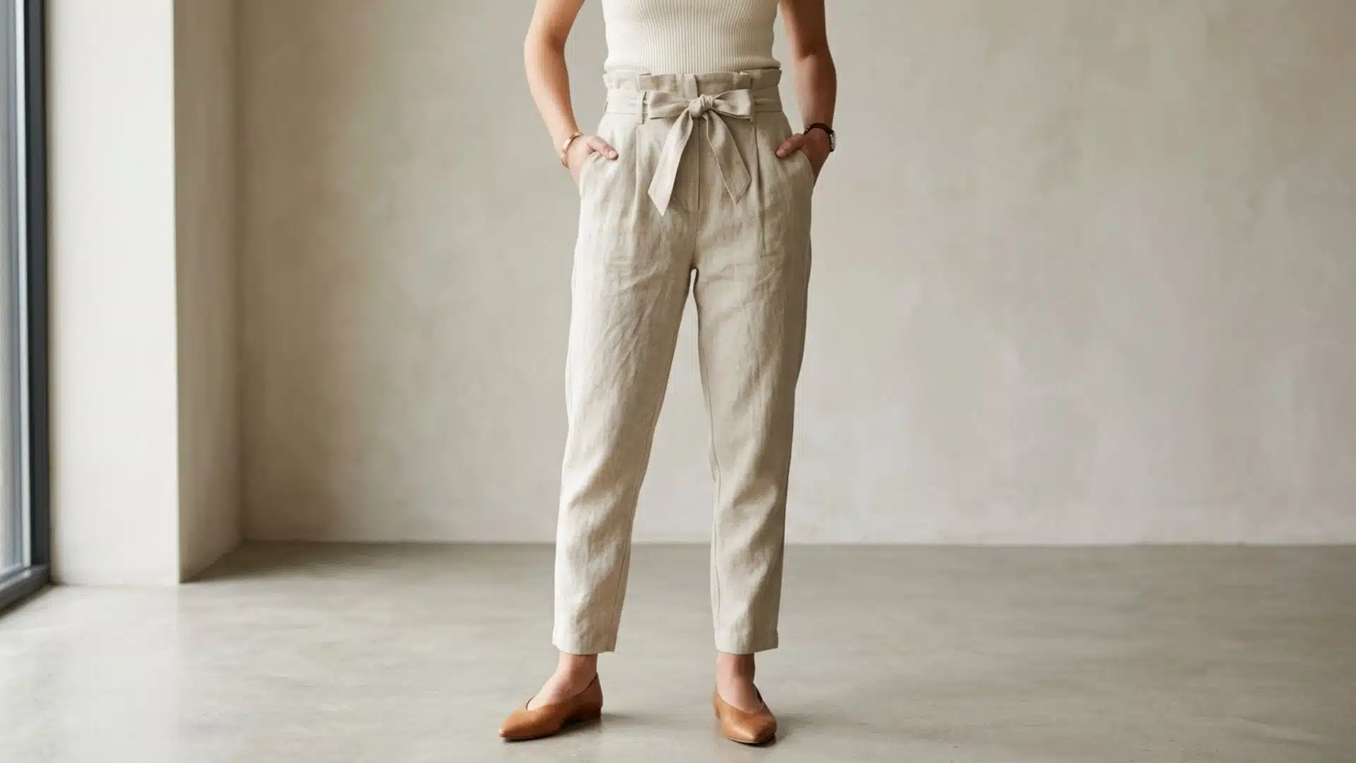 Woman wearing high waist paperbag trousers with gathered waistband, relaxed fit, and soft fabric texture styled in a clean fashion setting