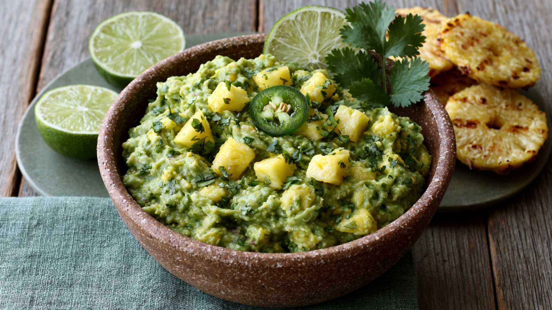 Pineapple guacamole with lime and grilled pineapple rings