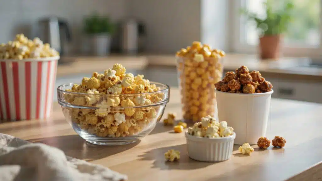 Different types of popcorn in bowls and containers, showing plain, buttery, caramel, and flavored popcorn varieties.