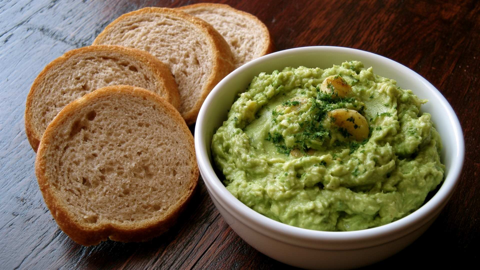 Roasted garlic guacamole served with bread slices