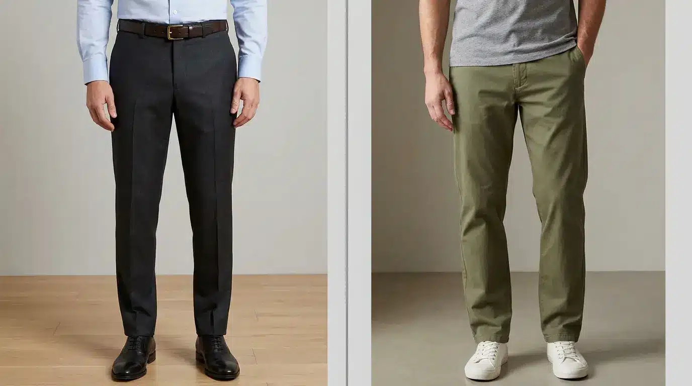 Comparison showing a person wearing dark tailored trousers on left and casual green pants on right for style differences