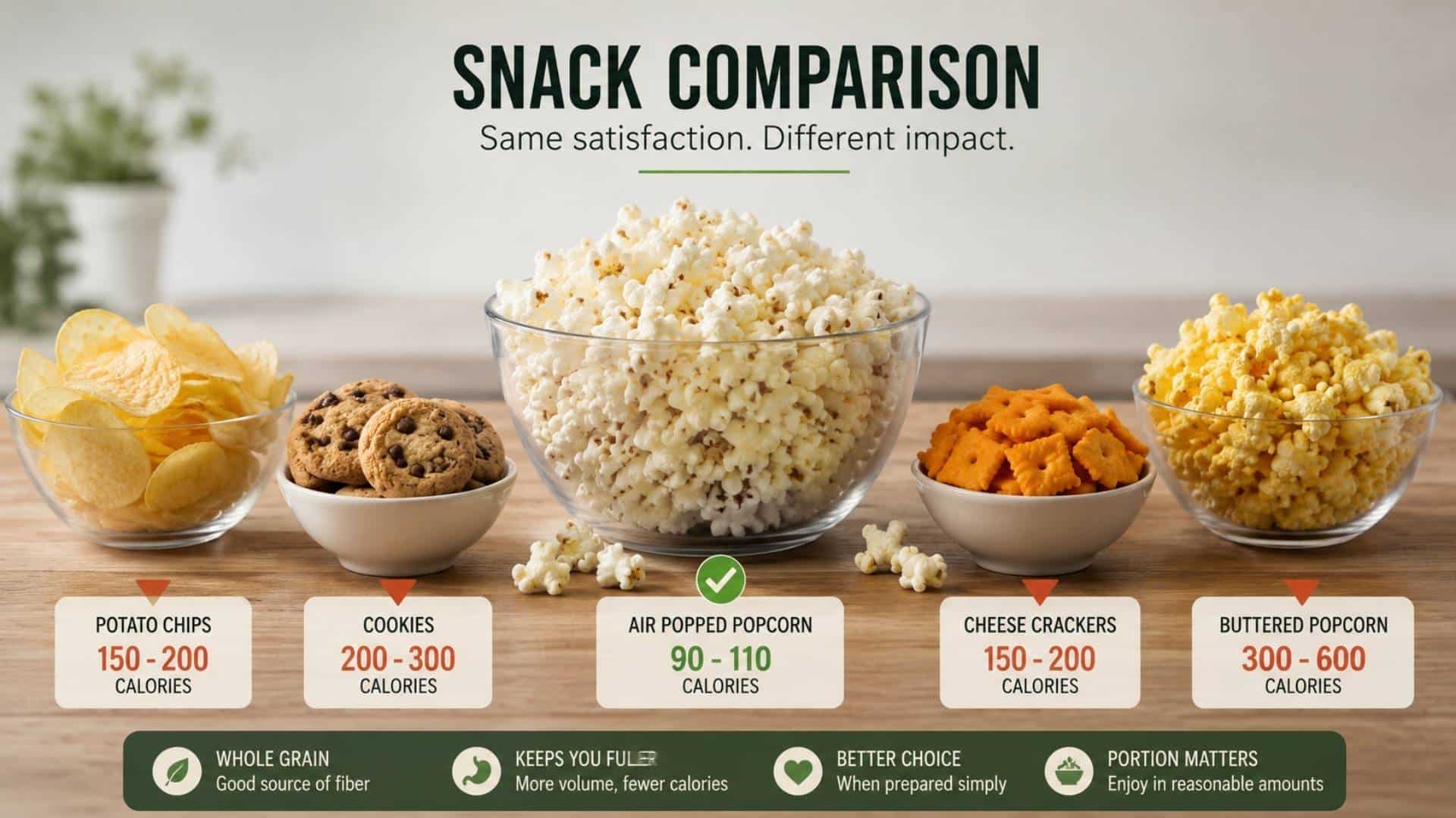 Snack comparison showing popcorn, chips, cookies, and crackers with calorie ranges.