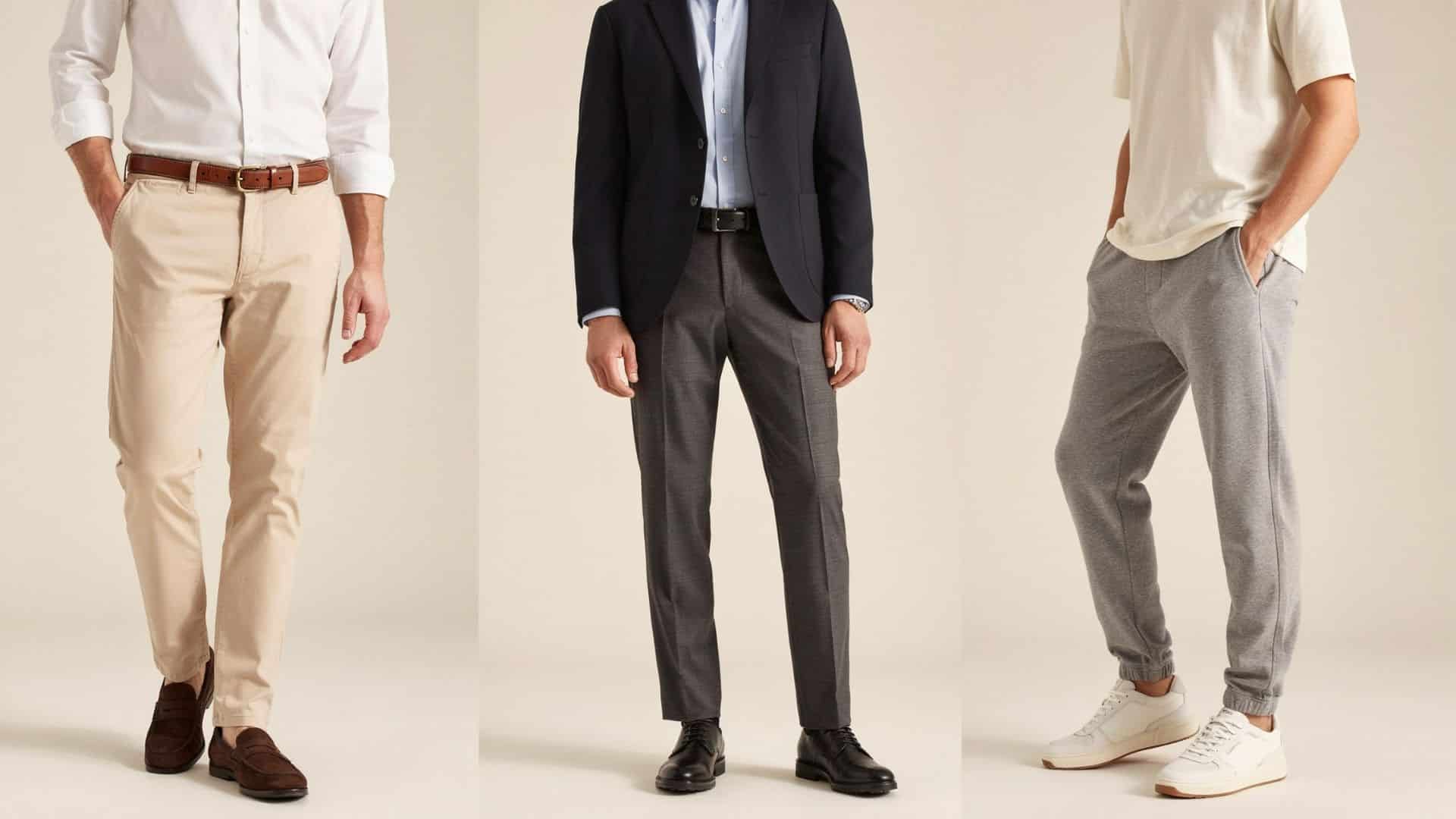 Three trouser styling ideas featuring chinos, formal wool trousers, and joggers with coordinated shirts, jackets, and footwear.